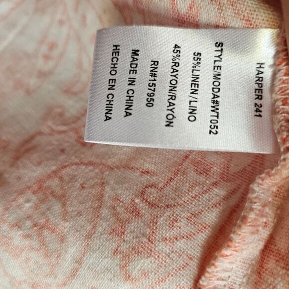 Harper 241 Sleeveless Linen Keyhole Tunic L | Orange & White Print Beach Top - Picture 5 of 6